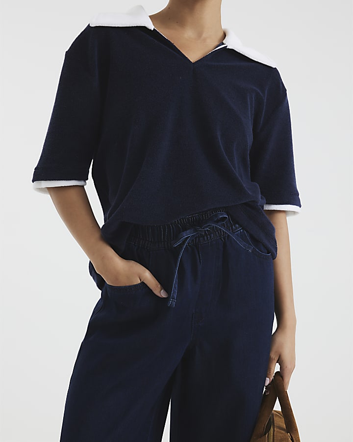 Petite Dark Blue Wide Leg Pyjama Style Jeans