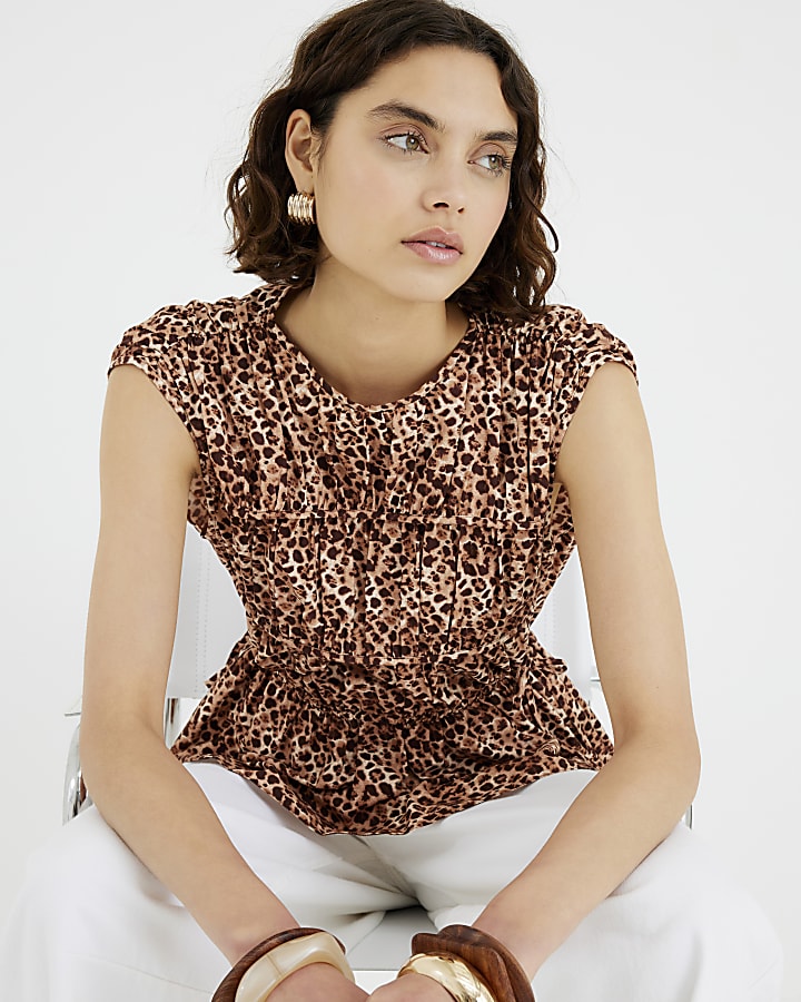 Beige Leopard Print Tiered String Peplum Top