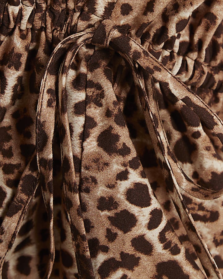 Beige Leopard Print Tiered String Peplum Top