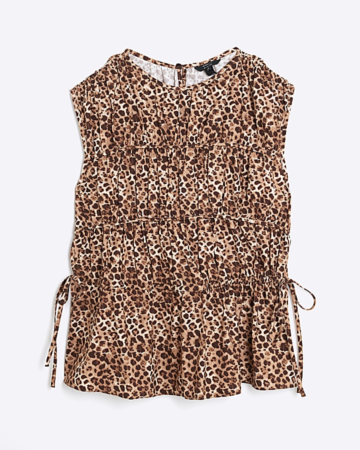 Beige Leopard Print Tiered String Peplum Top