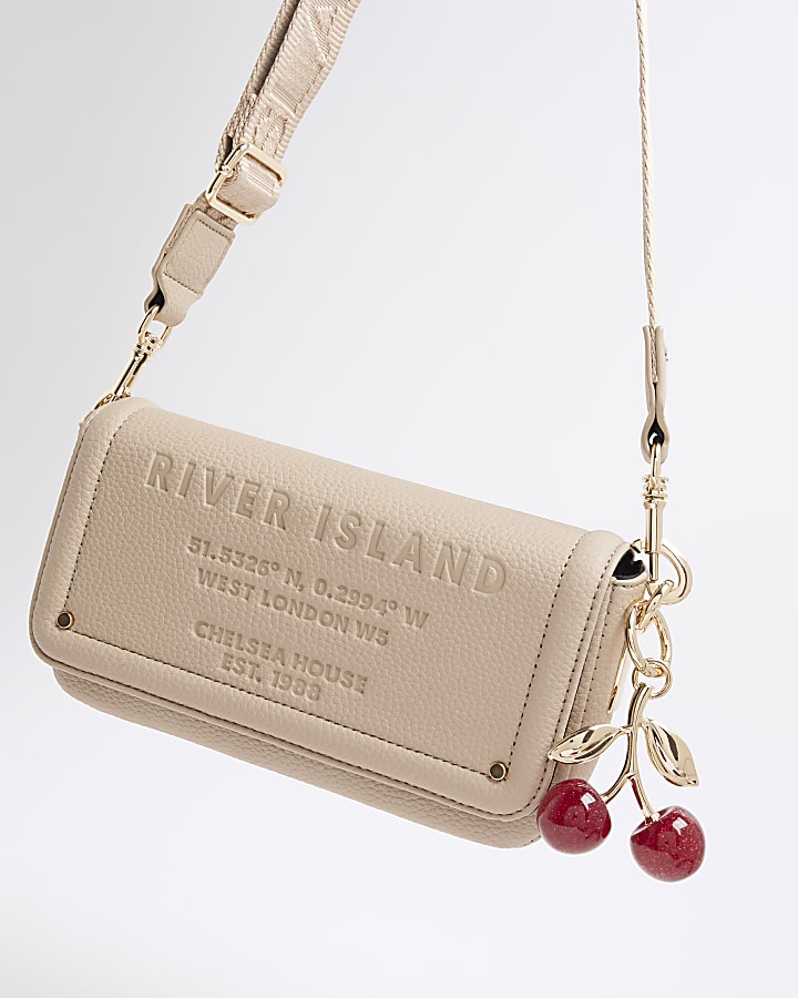 Beige Embossed Flap Cross Body Bag