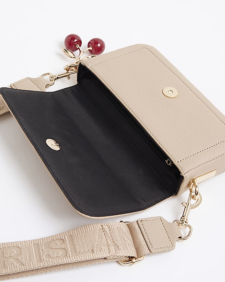 Beige Embossed Flap Cross Body Bag