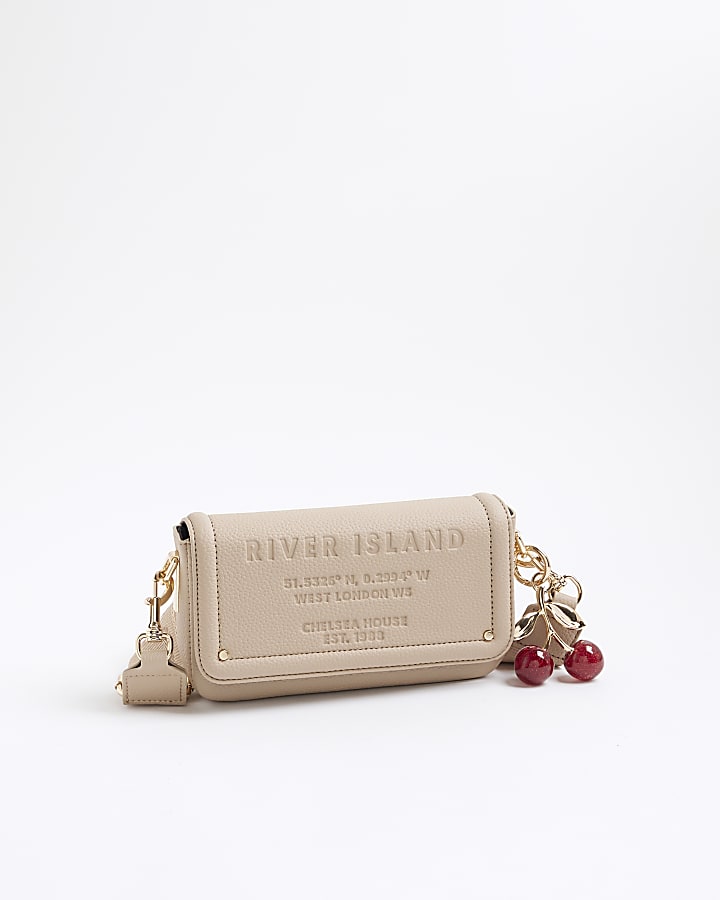 Beige Embossed Flap Cross Body Bag
