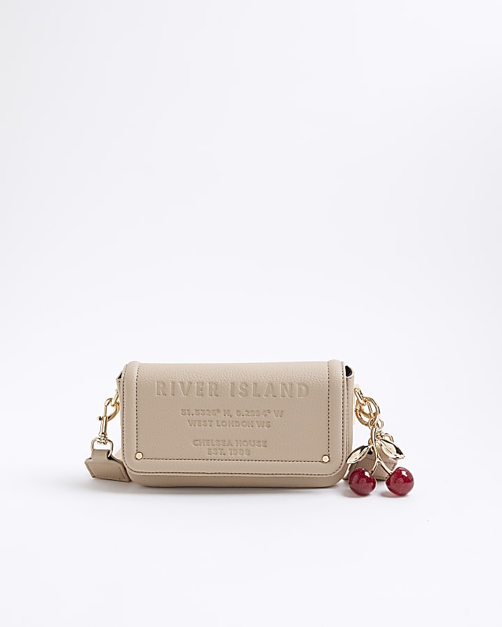 Beige Embossed Flap Cross Body Bag
