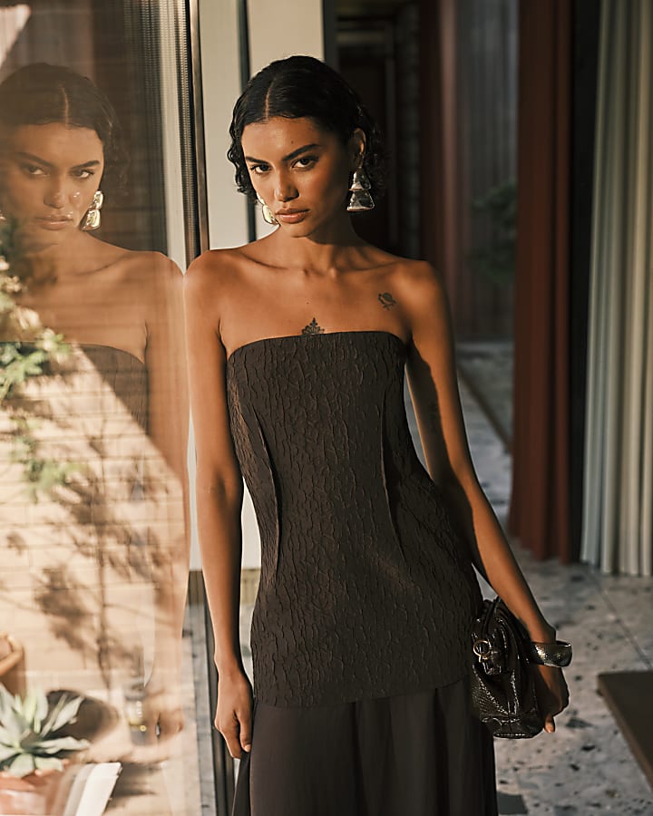 RI Studio Brown Hybrid Sheer Maxi Dress