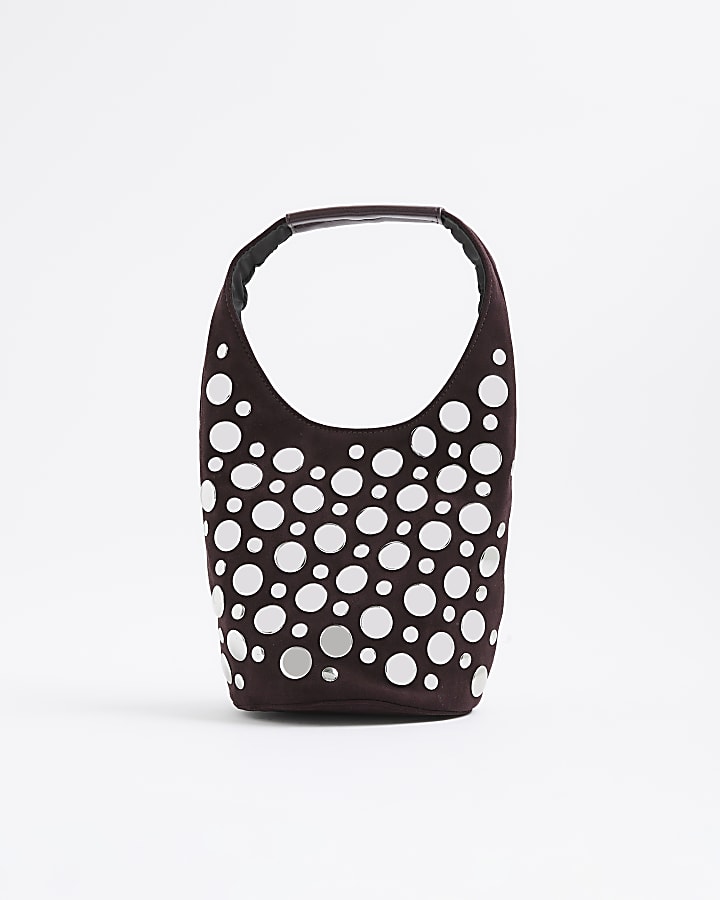 Red Faux Suede Studded Bucket Shoulder Bag