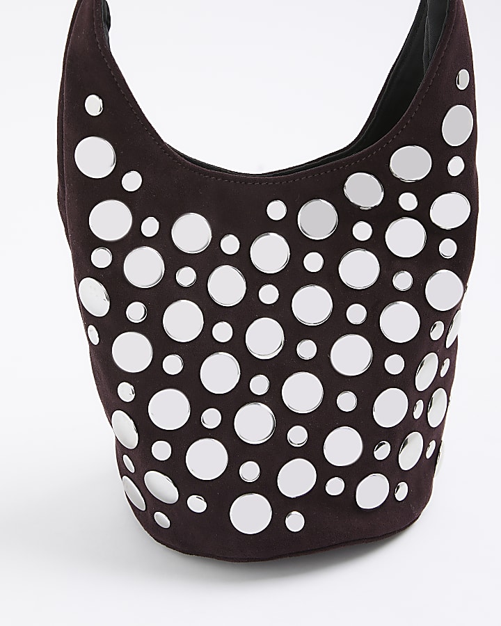Red Faux Suede Studded Bucket Shoulder Bag