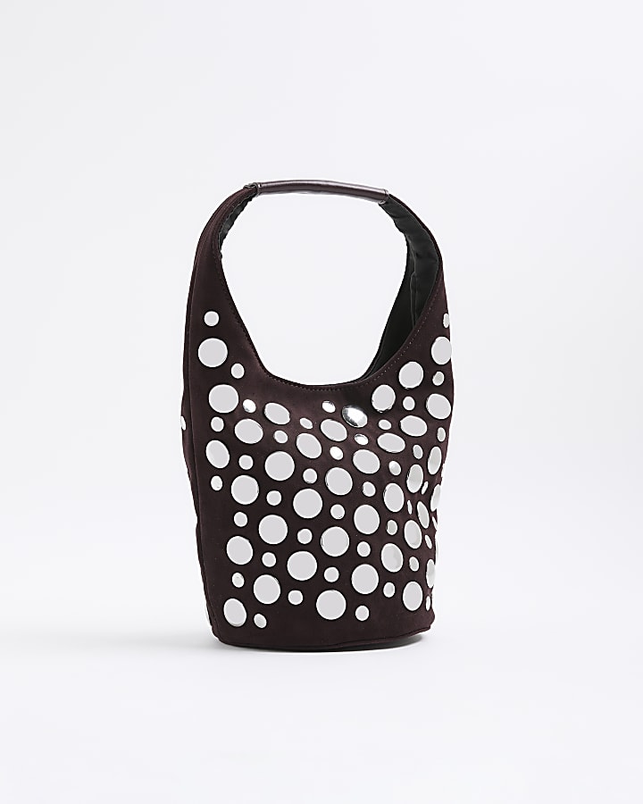 Red Faux Suede Studded Bucket Shoulder Bag