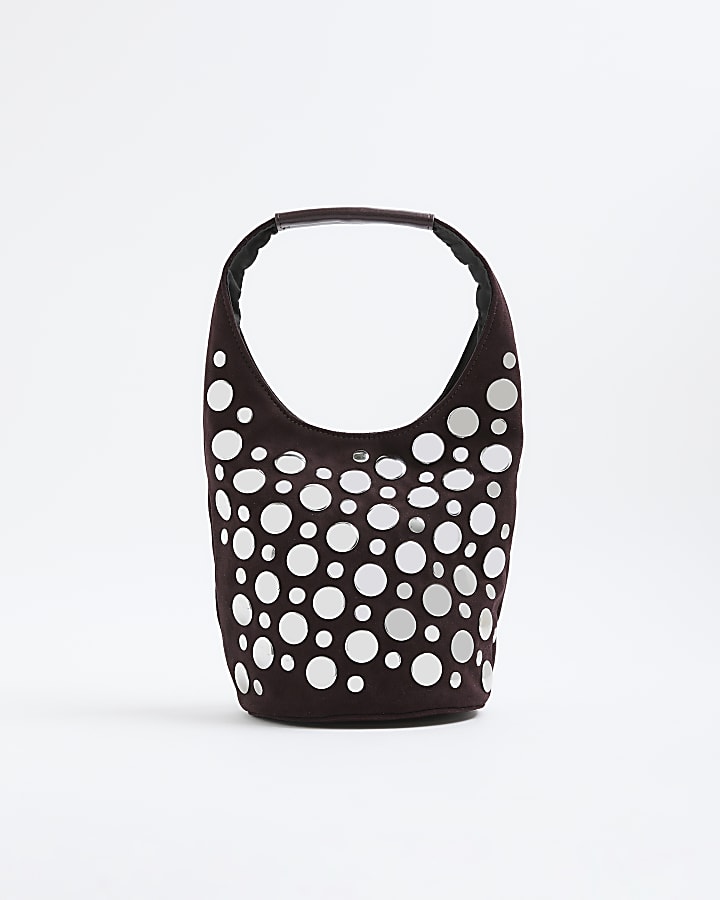 Red Faux Suede Studded Bucket Shoulder Bag