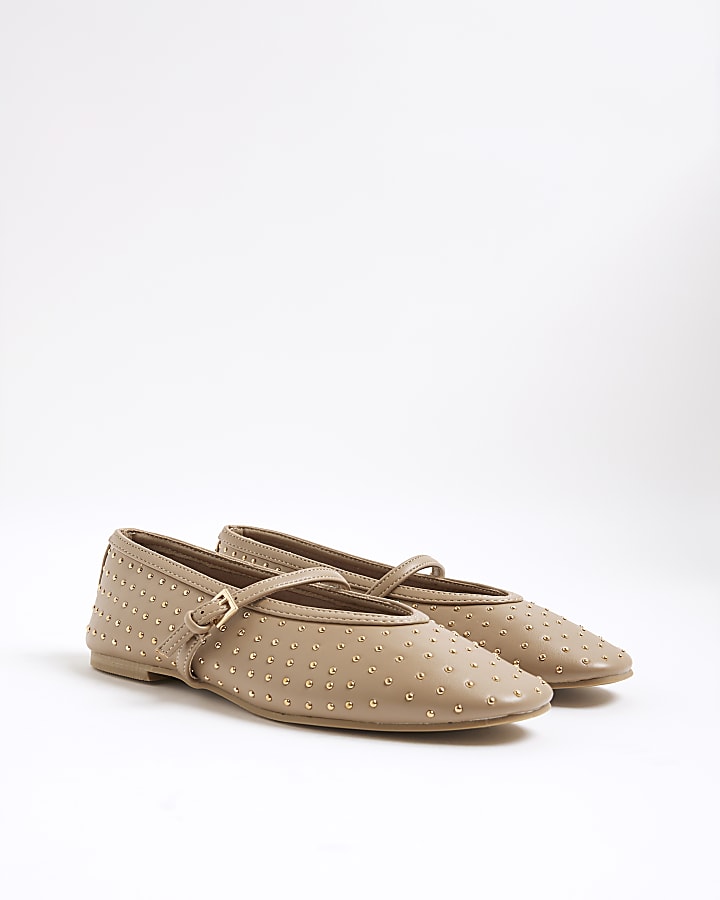 Beige Studded Mary Jane Ballet Pumps