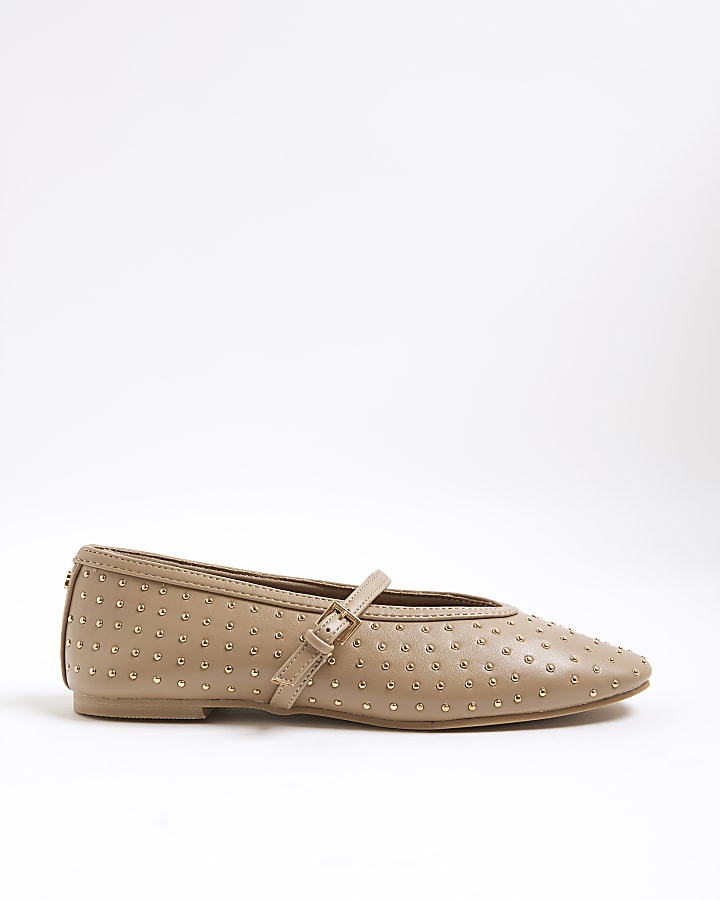 Beige Studded Mary Jane Ballet Pumps