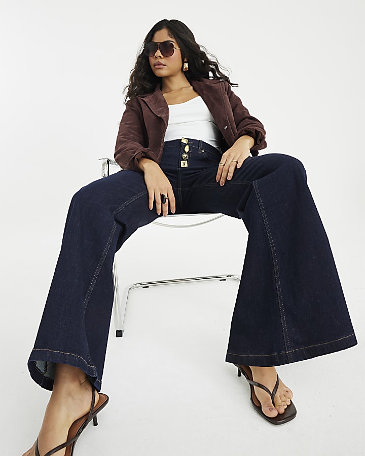 Blue Palazzo Embellished Button Front Jeans