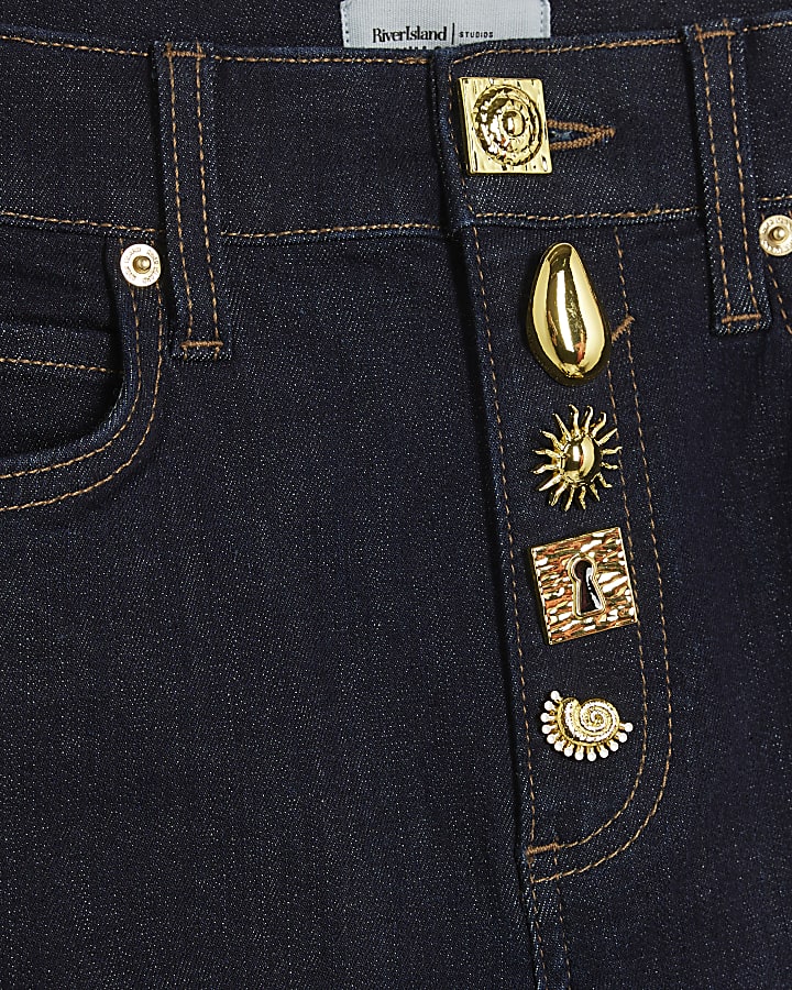 Blue Palazzo Embellished Button Front Jeans