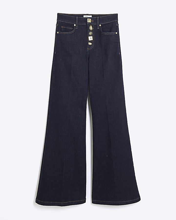 Blue Palazzo Embellished Button Front Jeans