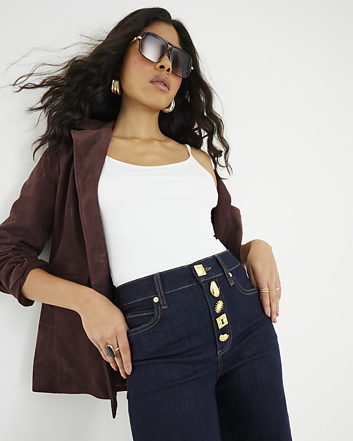 Blue Palazzo Embellished Button Front Jeans