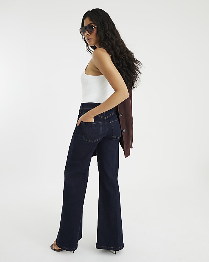 Blue Palazzo Embellished Button Front Jeans