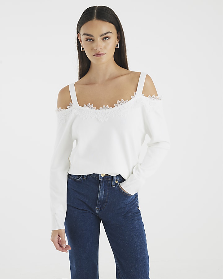 White Knitted Lace Trim Cut Out Shoulder Top