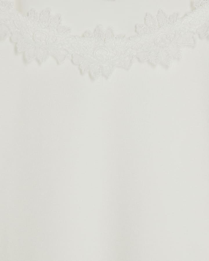 White Knitted Lace Trim Cut Out Shoulder Top