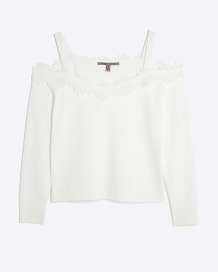 White Knitted Lace Trim Cut Out Shoulder Top