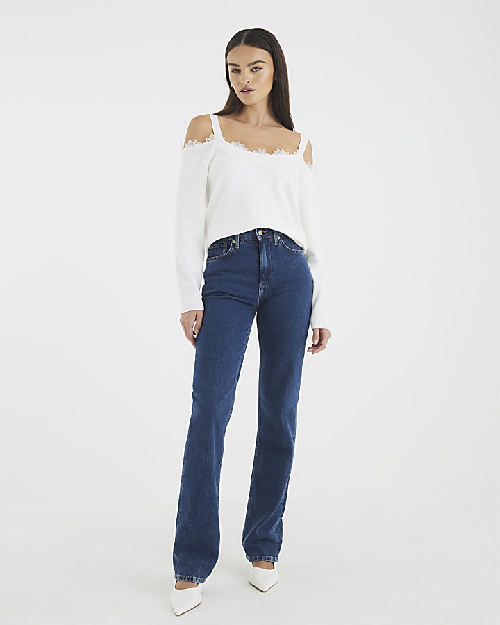 White Knitted Lace Trim Cut Out Shoulder Top