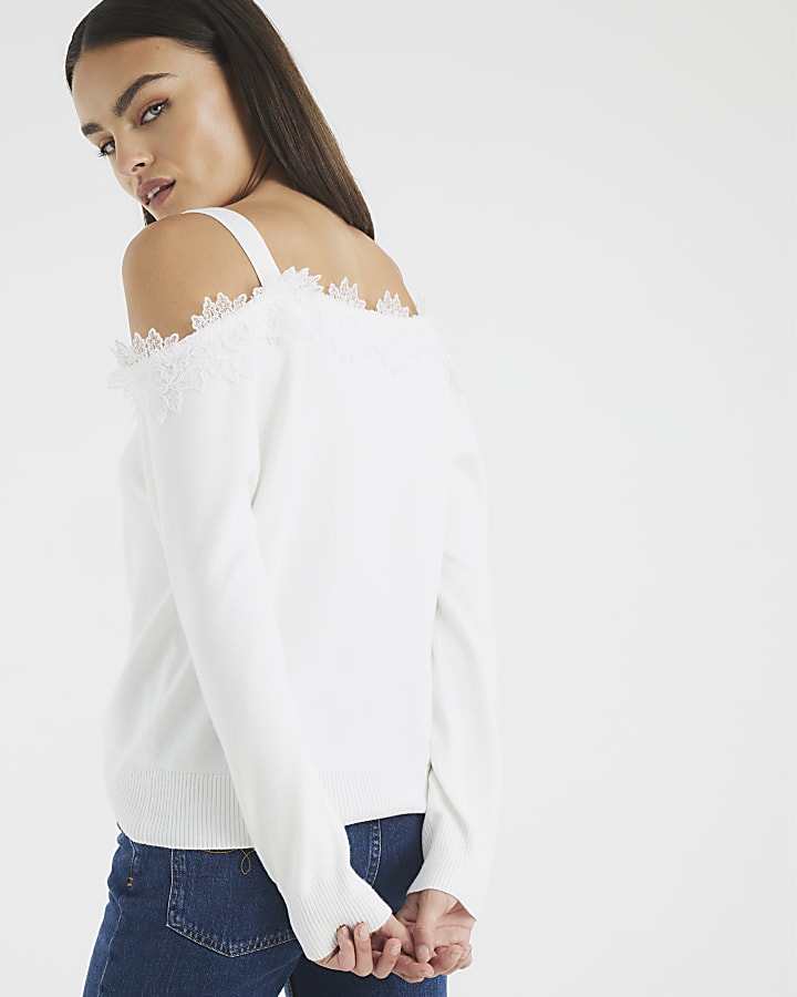 White Knitted Lace Trim Cut Out Shoulder Top