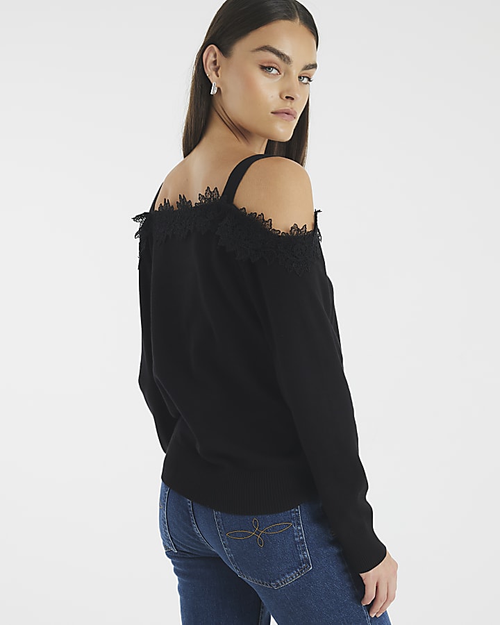 Black Lace Trim Cut Out Shoulder Top