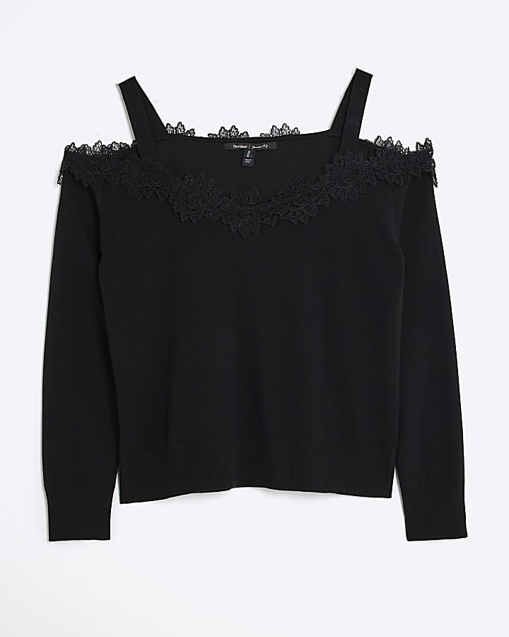 Black Lace Trim Cut Out Shoulder Top