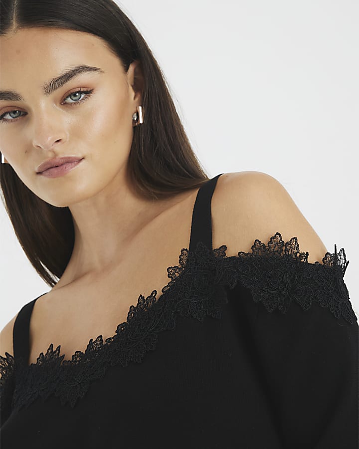 Black Lace Trim Cut Out Shoulder Top