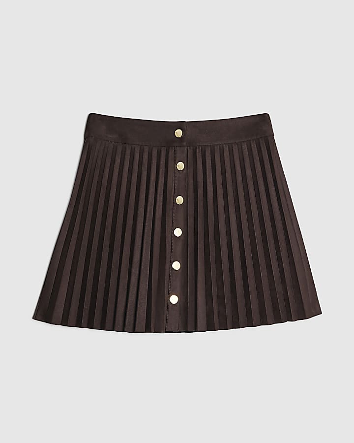 Brown Faux Suede Pleated Mini Skirt