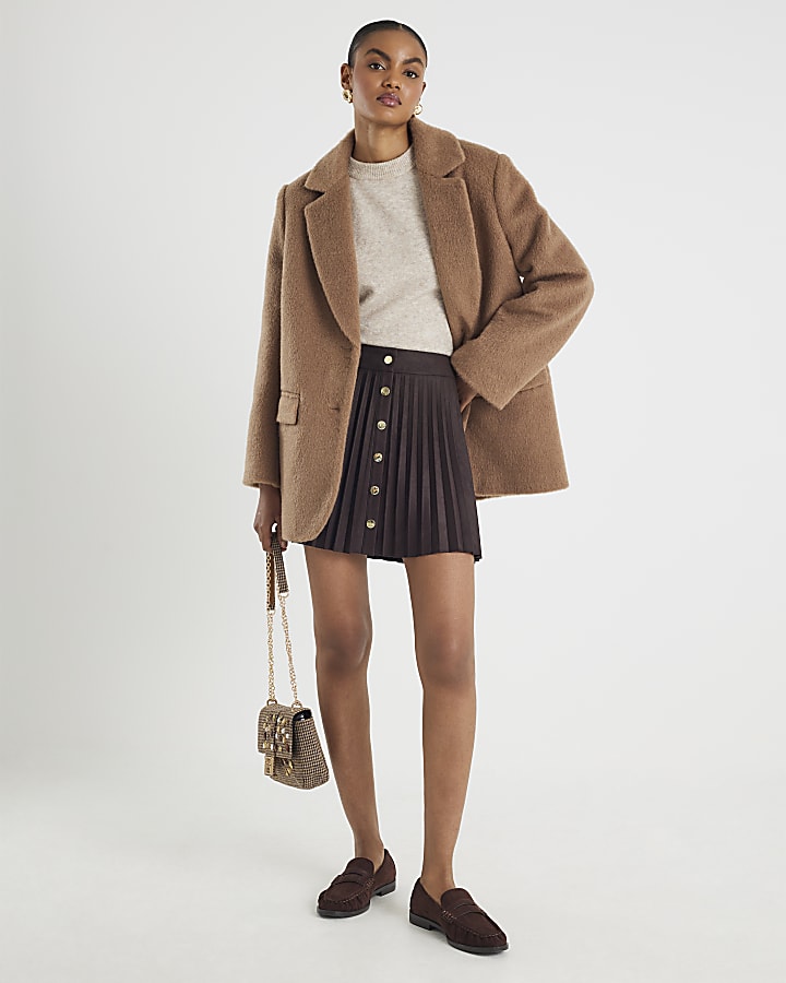 Brown Faux Suede Pleated Mini Skirt