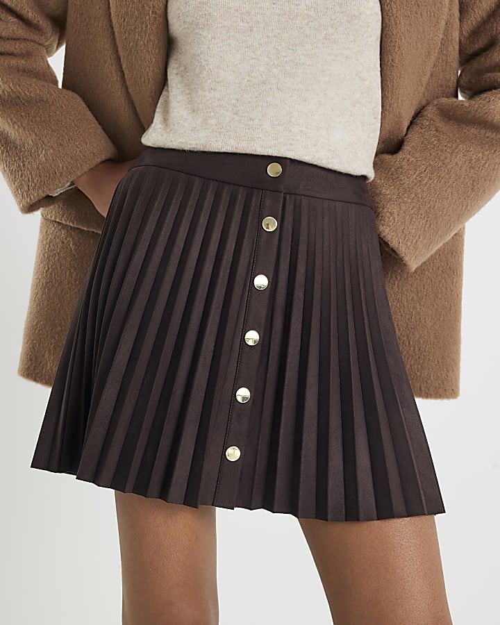Brown Faux Suede Pleated Mini Skirt
