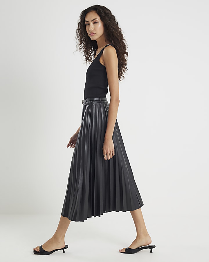 Black Belted Pleated Midi Skirt