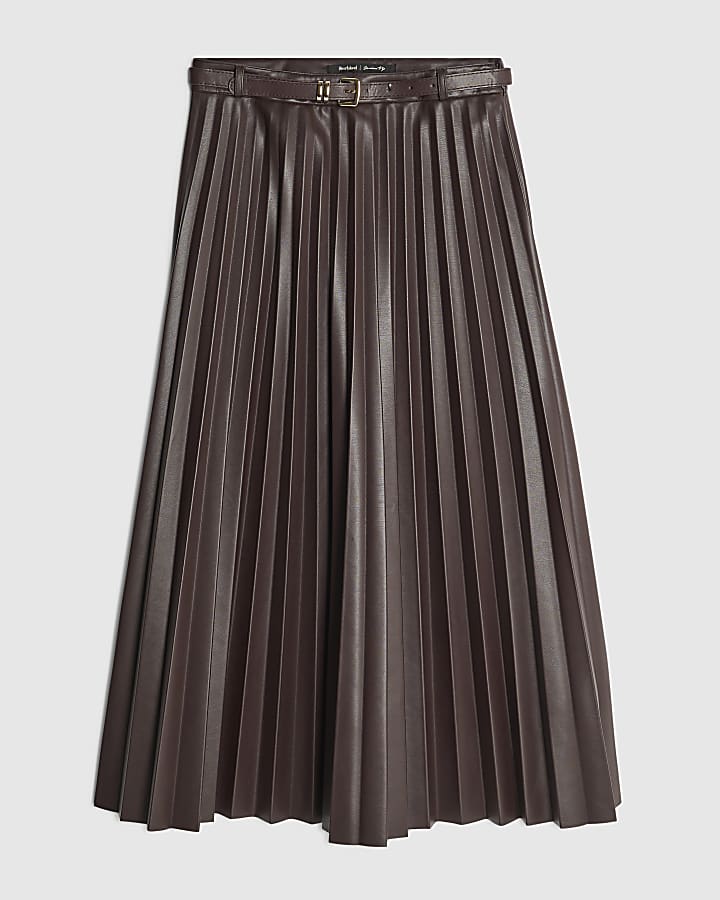 Red Belted Pleated Midi Skirt