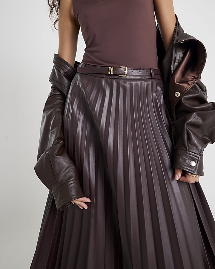 Red Belted Pleated Midi Skirt