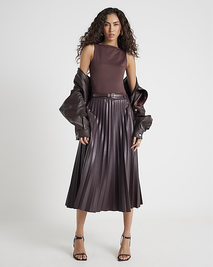 Red Belted Pleated Midi Skirt