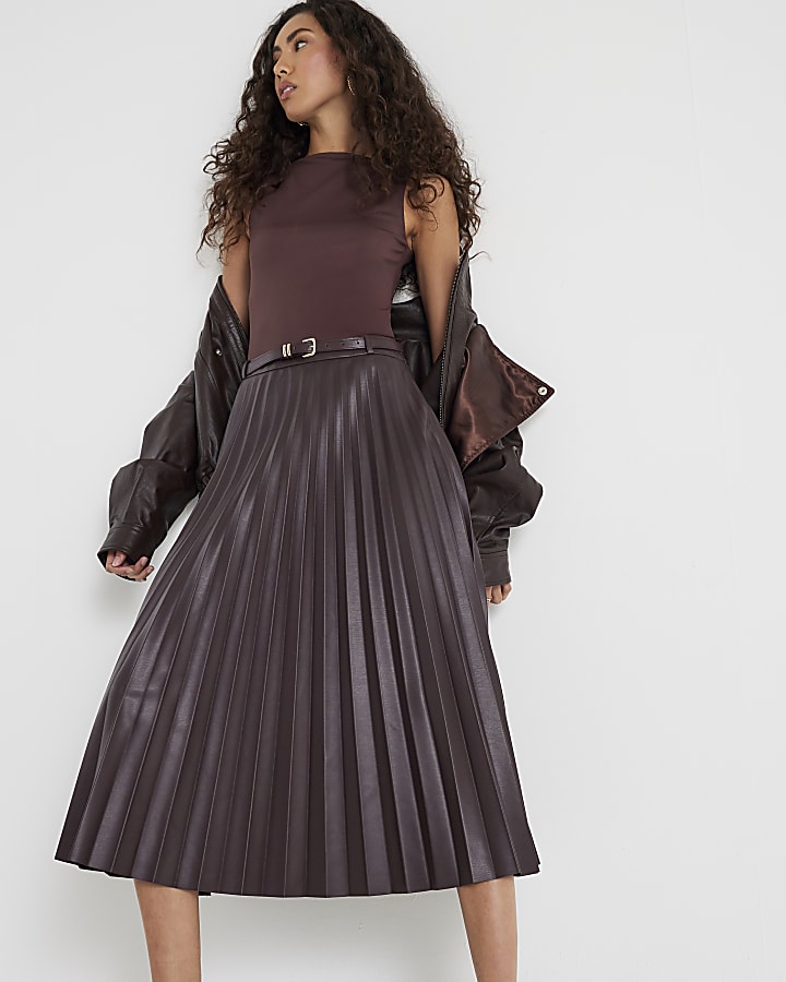 Red Belted Pleated Midi Skirt
