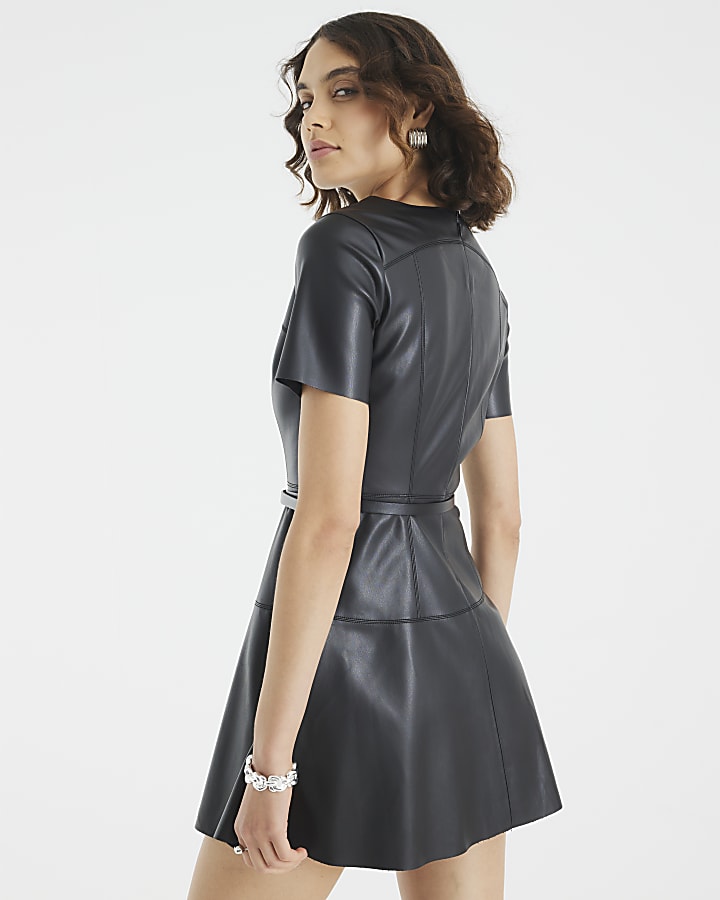 Black Faux Leather Belted Mini Dress