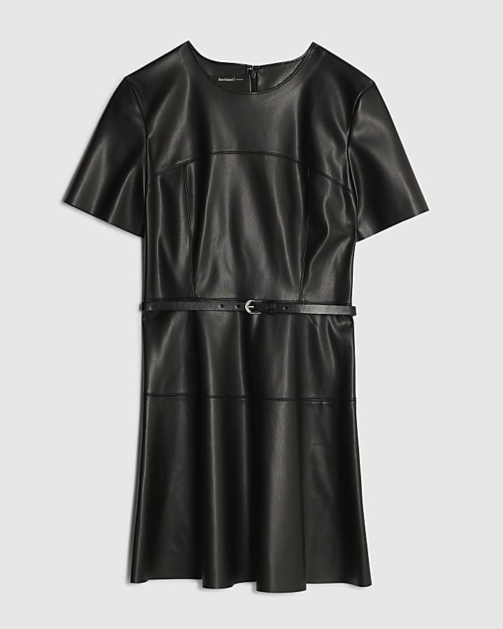 Black Faux Leather Belted Mini Dress