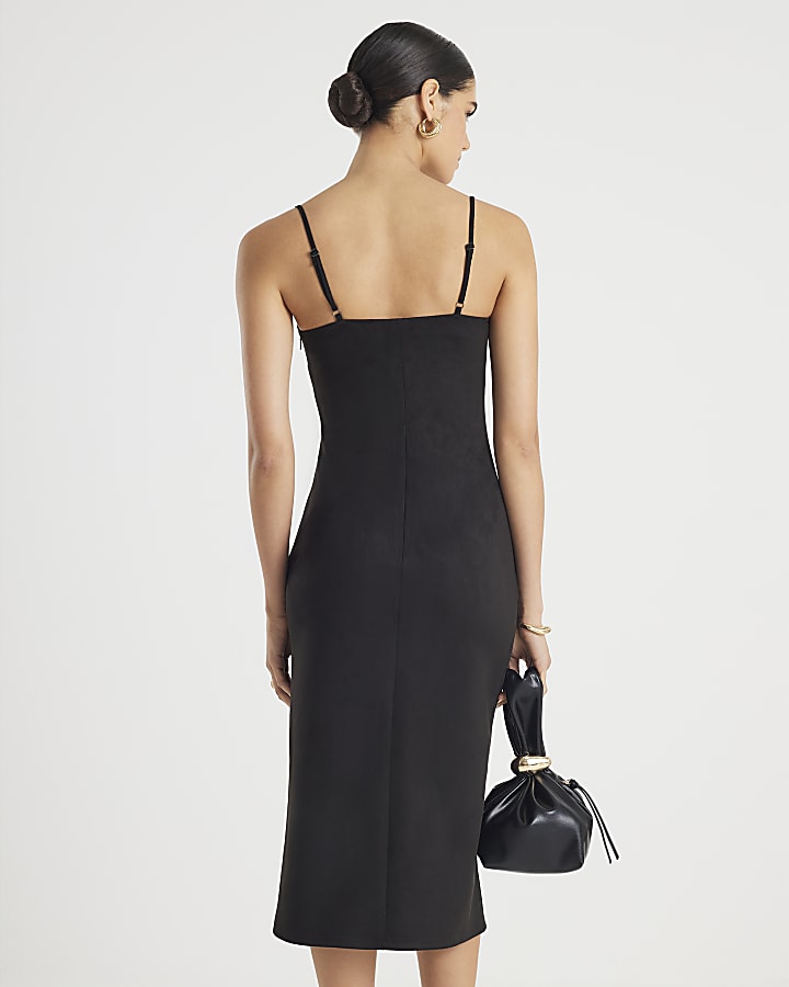 Brown Faux Suede Strappy Midi Dress