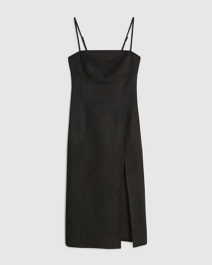 Brown Faux Suede Strappy Midi Dress