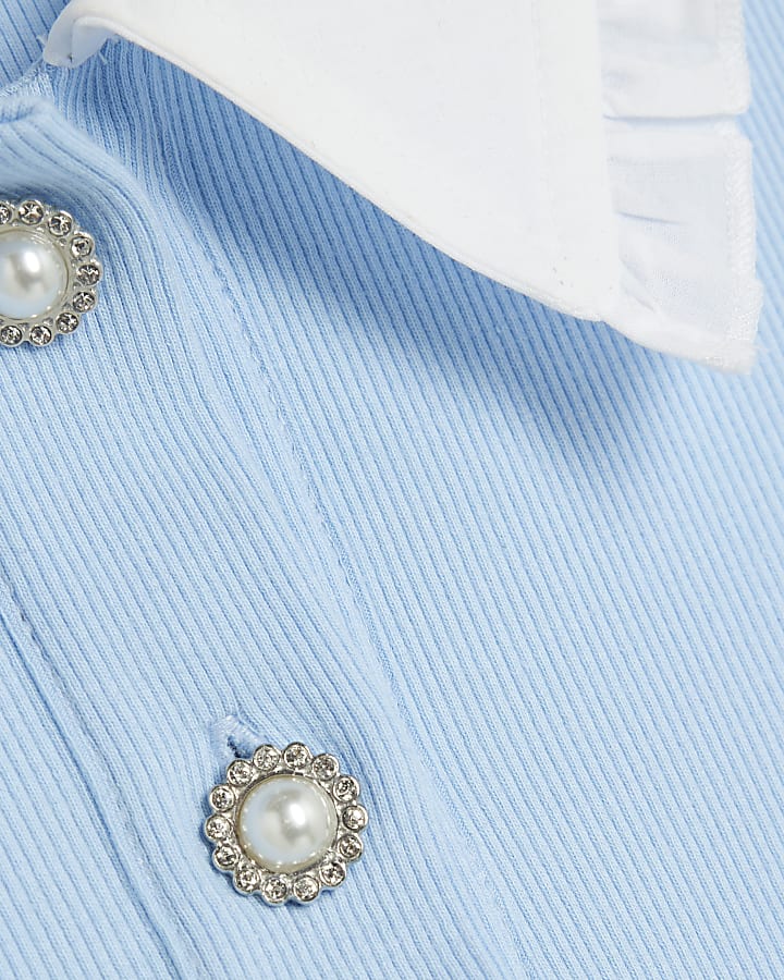 Blue Short Sleeve Diamante Button Polo Top