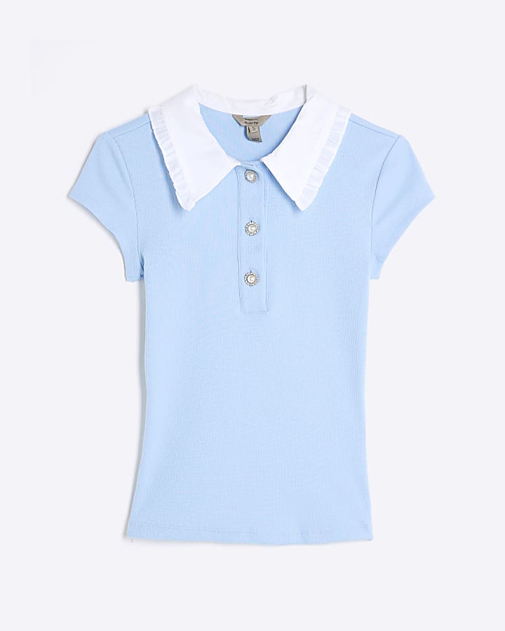 Blue Short Sleeve Diamante Button Polo Top