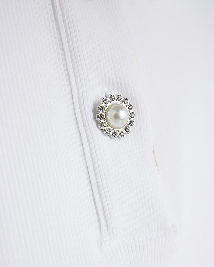 White Short Sleeve Diamante Button Polo Top