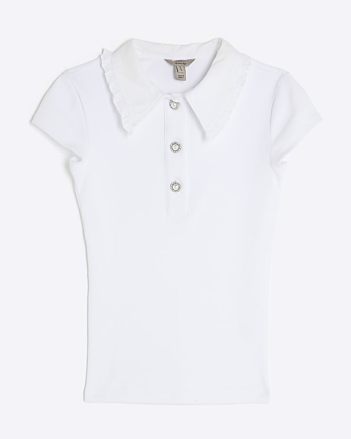 White Short Sleeve Diamante Button Polo Top