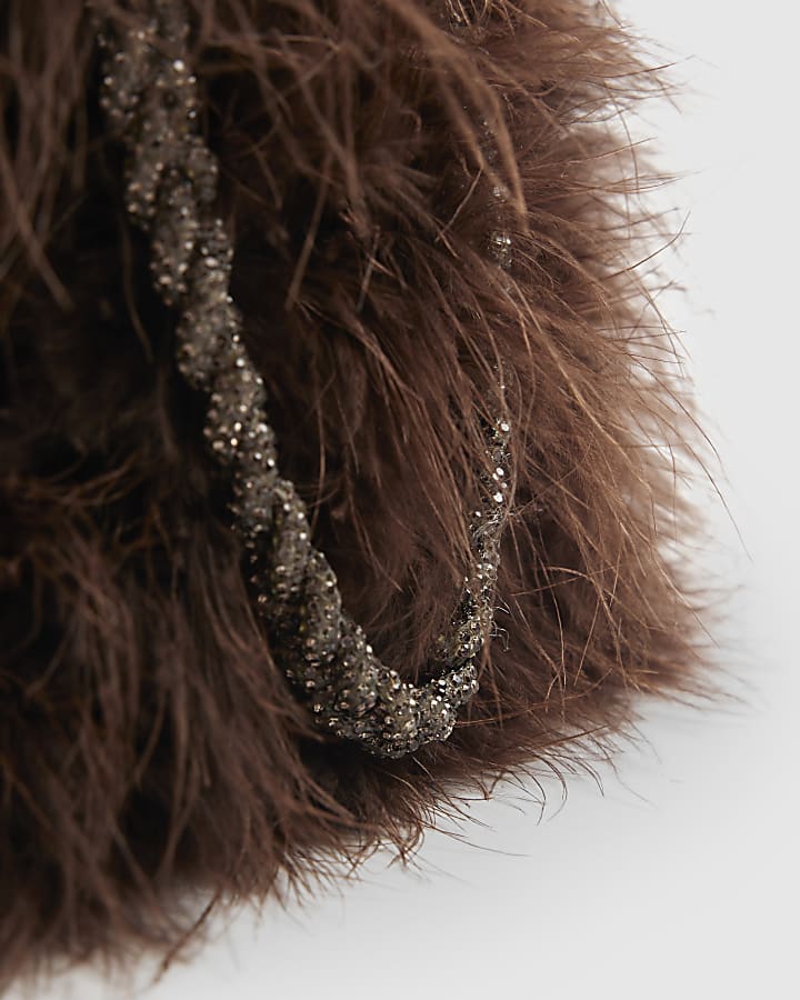 Brown Diamante Handle Feather Clutch Bag