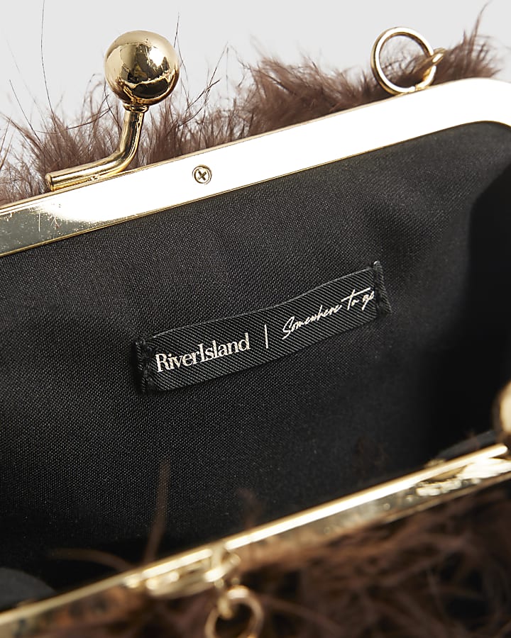 Brown Diamante Handle Feather Clutch Bag