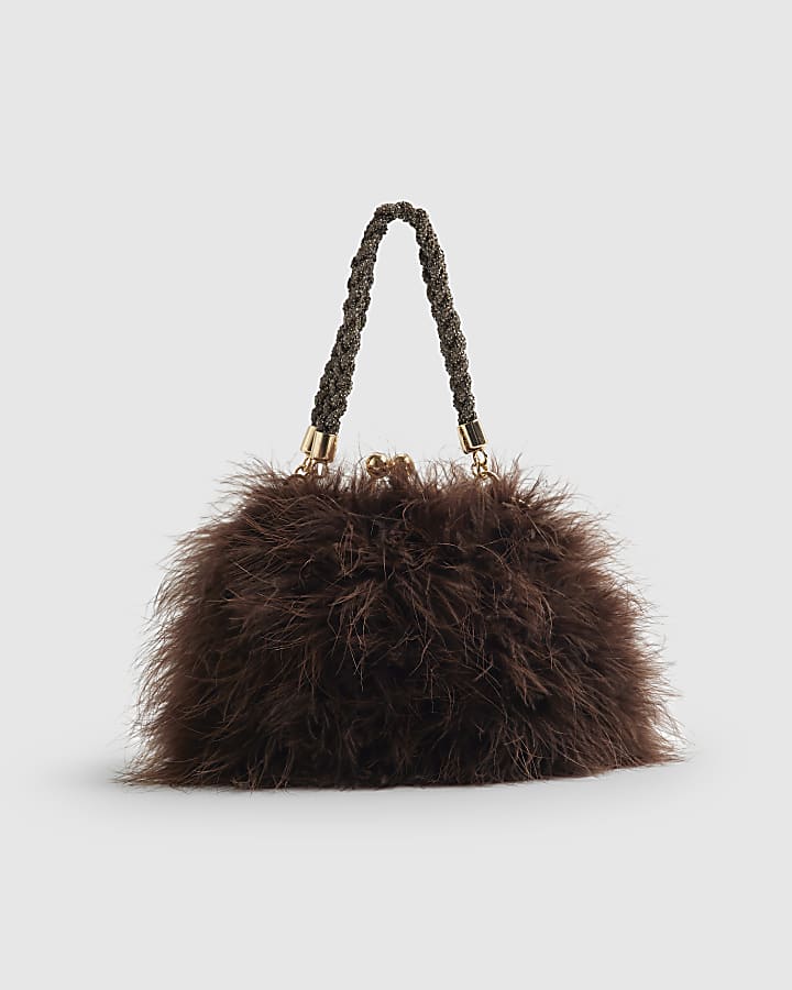 Brown Diamante Handle Feather Clutch Bag