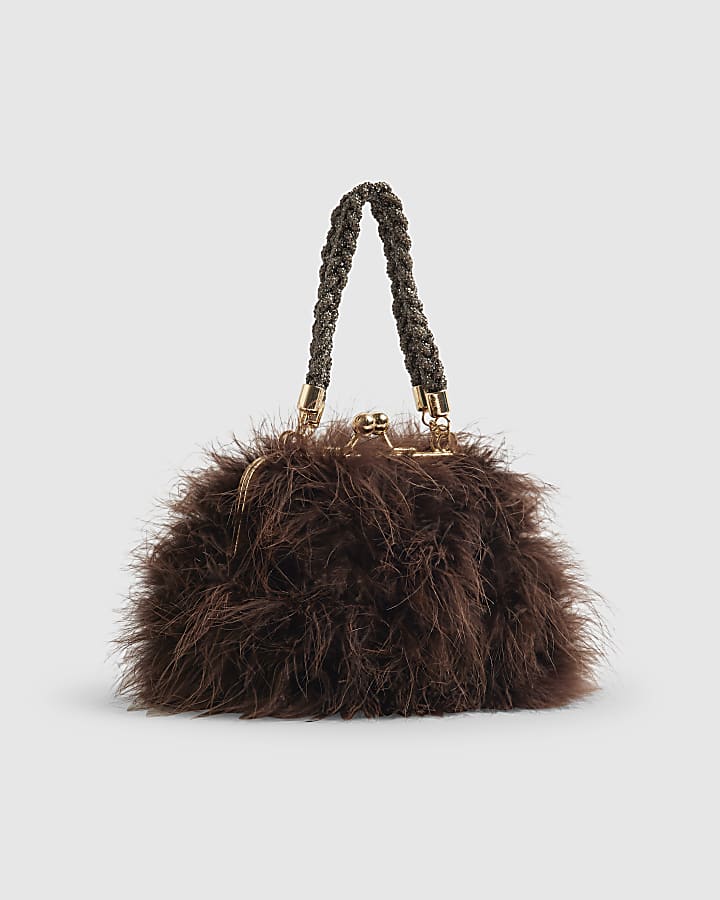 Brown Diamante Handle Feather Clutch Bag