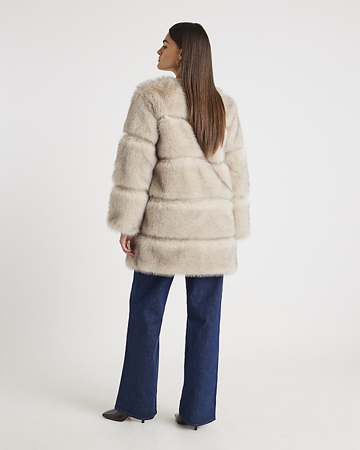 Cream Panelled Faux Fur Coat