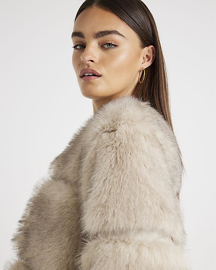 Cream Panelled Faux Fur Coat